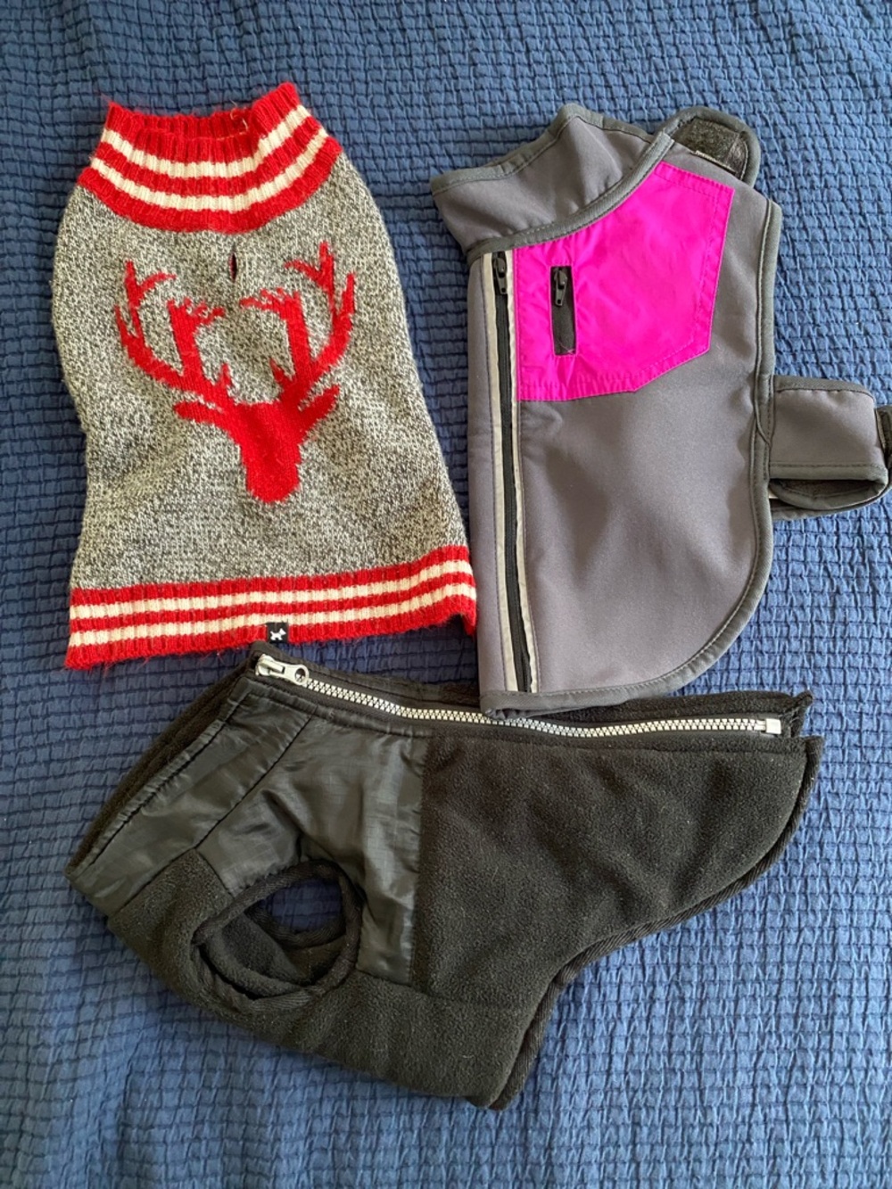 3-Pack Dog Sweater & Jackets - Gray/Red Knit, Gray/Pink Shell, Black Fleece